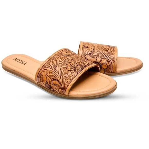 New! Myra Hand-Tooled Brown Leather Slide Sandals - Picture 1 of 9